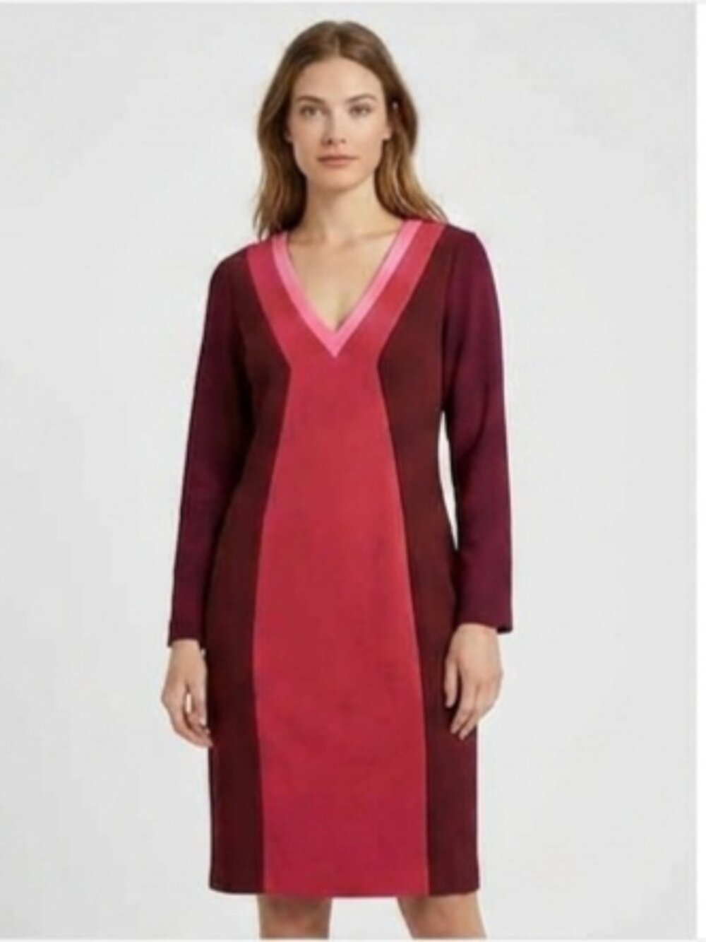 Anna Scholz Women's Size 14 Maroon Color Block Deep V-Neck Zip Close Dress Event